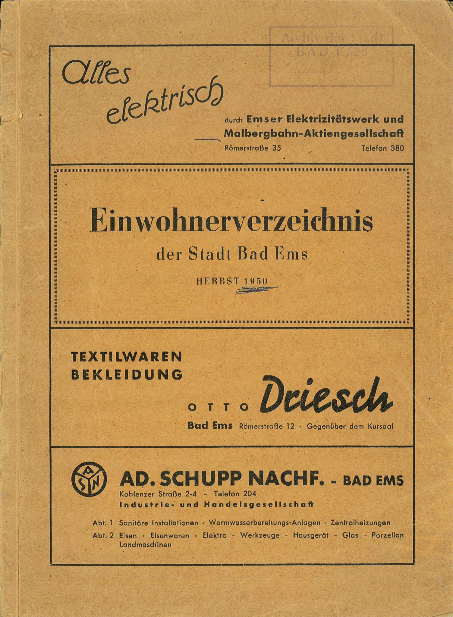 Einwohnerverzeichnis der Stadt Bad Ems Herbst 1950