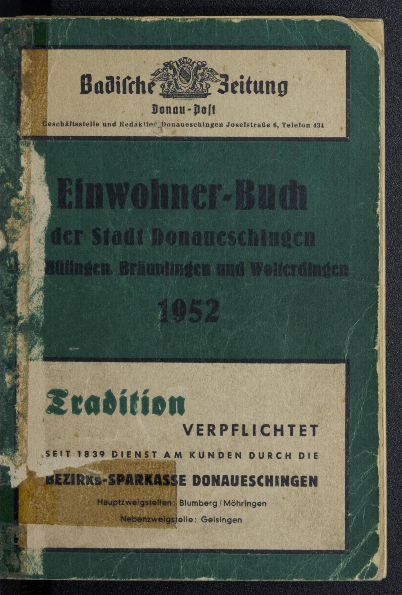 Einwohnerbuch der Stadt Donaueschingen mit den Orten Hüfingen, Bräunlingen, Wolterdingen 1952