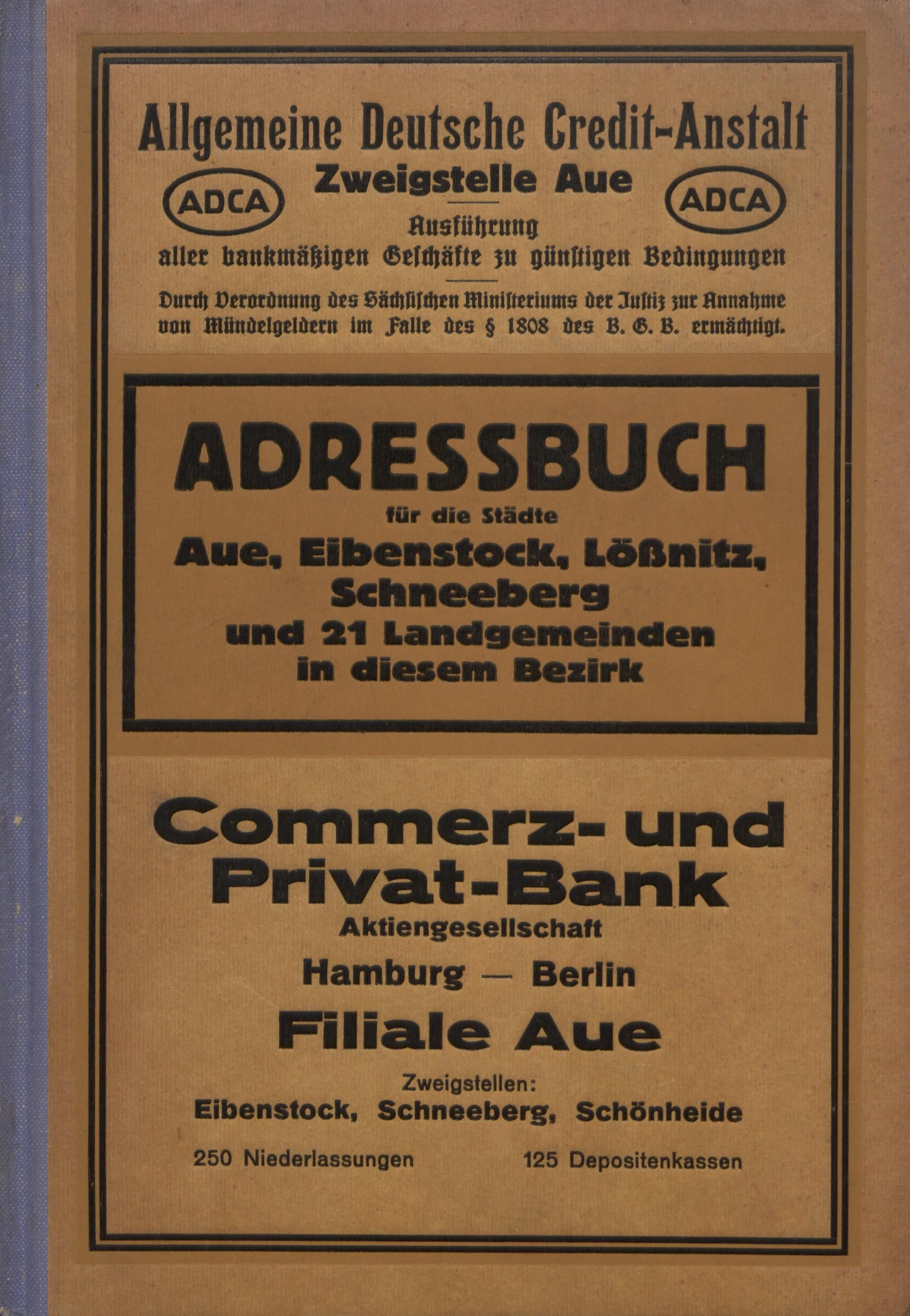 Adressbuch für die Städte Aue, Eibenstock, Lößnitz, Schneeberg und 21 Landgemeinden in diesem Bezirk 1930